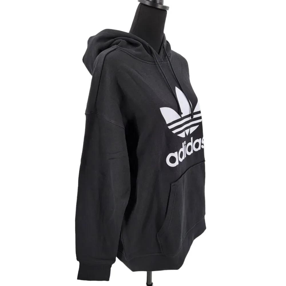 Adidas Originals Hoodie Womens Large Black White Trefoil Pullover Sweatshirt NEW - Picture 3 of 16